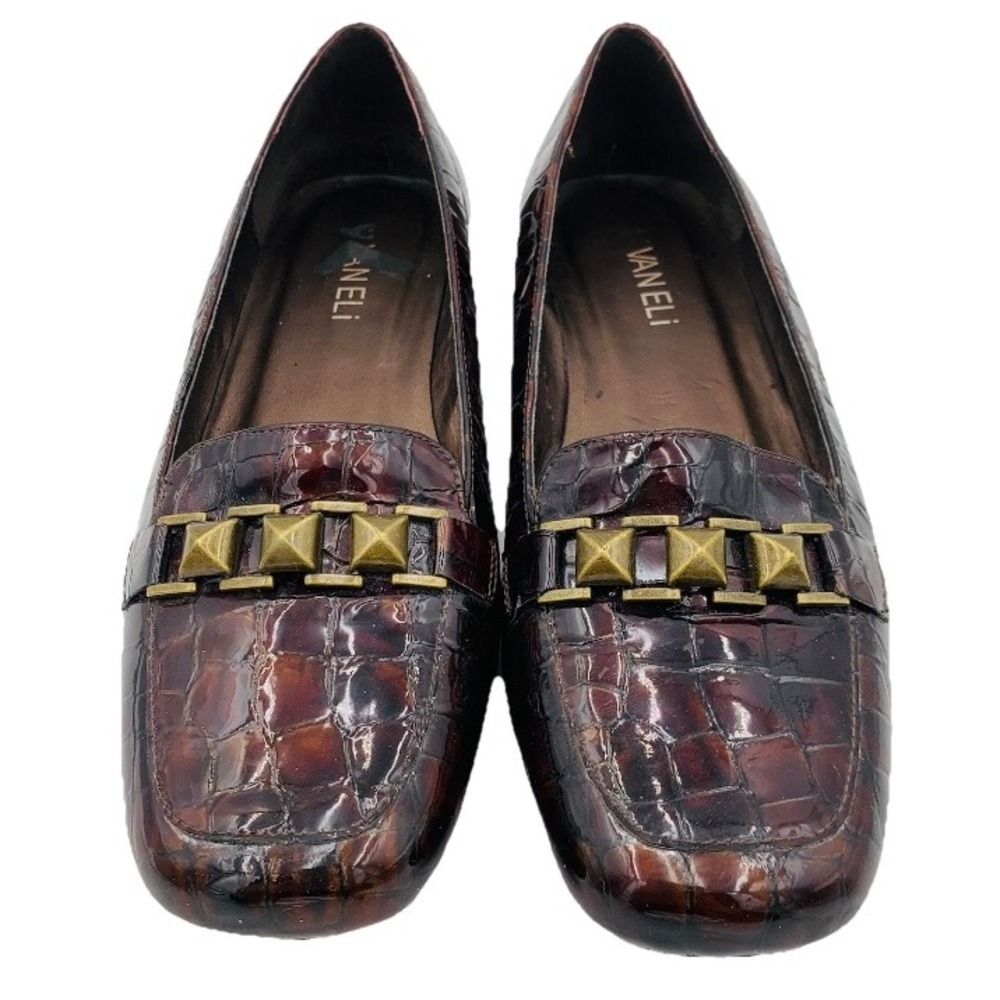 VANELi Loafers Dress‎ Shoes Croc Embossed Brown Patent Studded Buckle 8M Flats